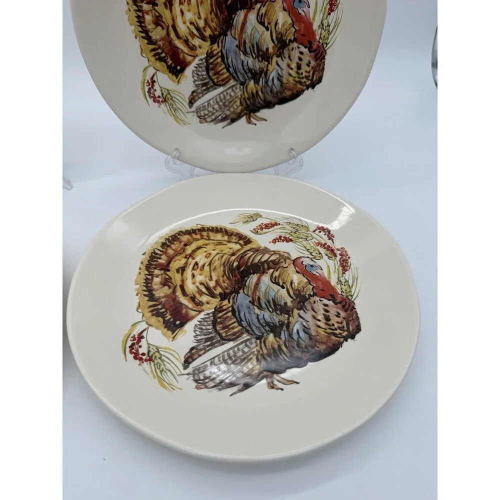 Pottery Barn Watercolor Turkey Salad Dessert Plates Set Of 4 Thanksgiving 8”
